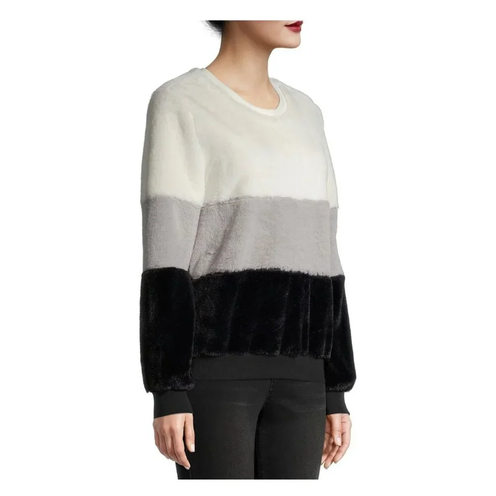 No Boundaries Juniors' Fuzzy Color Blocked Black White Winter Pullover SZ Large - Picture 3 of 4